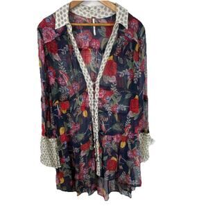 Free People Sheer Blouse Tunic Chiffon Floral Collared Button Kimono XS Boho